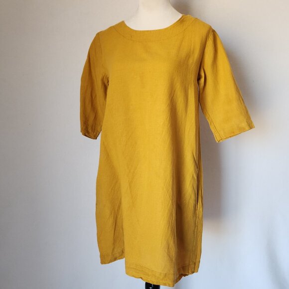 LO Len Ok 100% Linen Lagenlook Mini Shift Dress Half Sleeve Pocket Yellow - Picture 1 of 7
